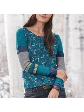 Sundance Boho Floral Paisley Waffle Knit Long Sleeve Top